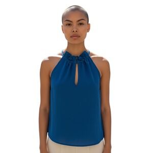 NY & Company Halter Neck Keyhole Ruffle Trim Blue Sleeveless Top Size L
